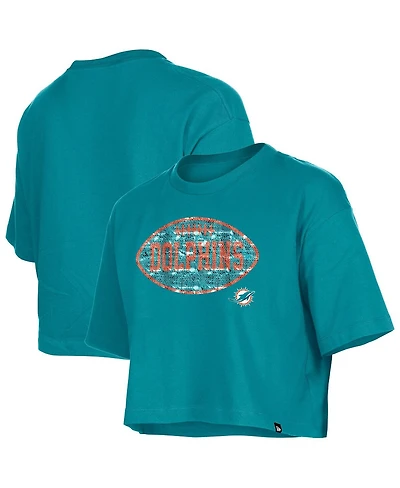 New Era Girls Aqua Miami Dolphins Flip Sequin Boxy T-Shirt