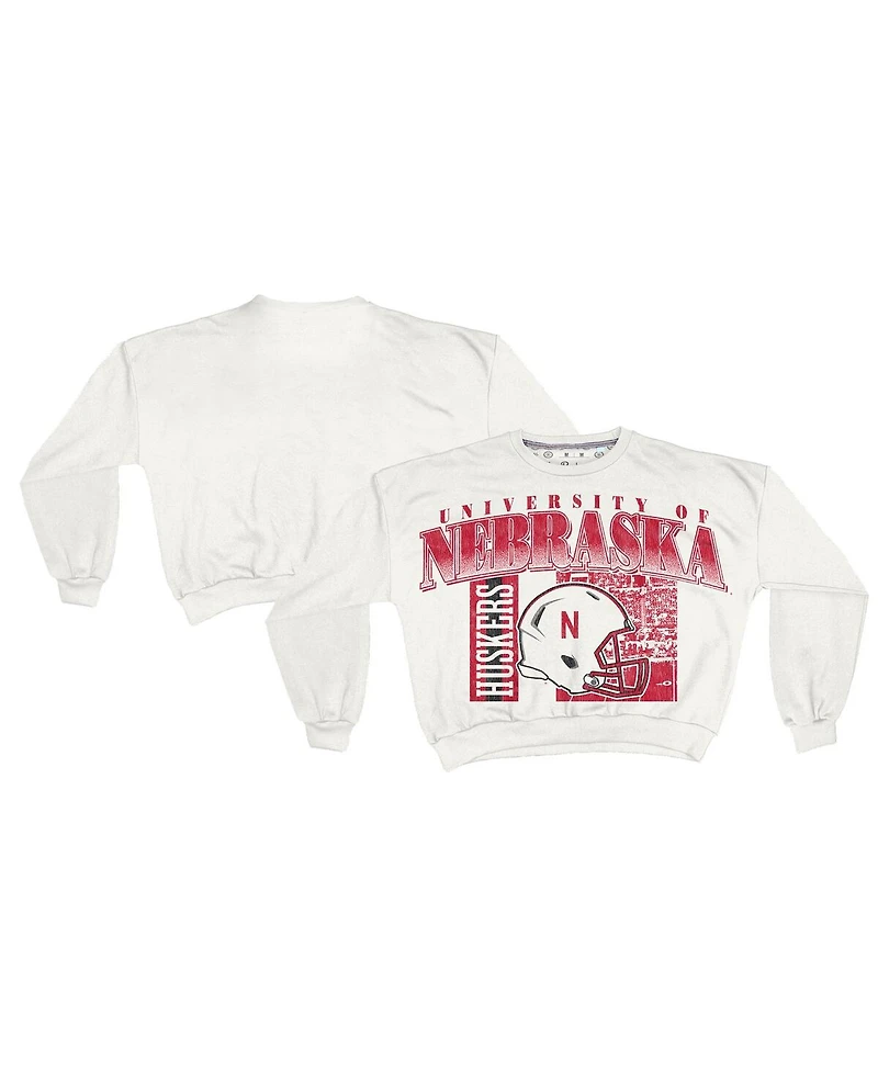 Pressbox Women's White Nebraska Huskers Oversized Janice Retro Waist-Length Sweatshirt