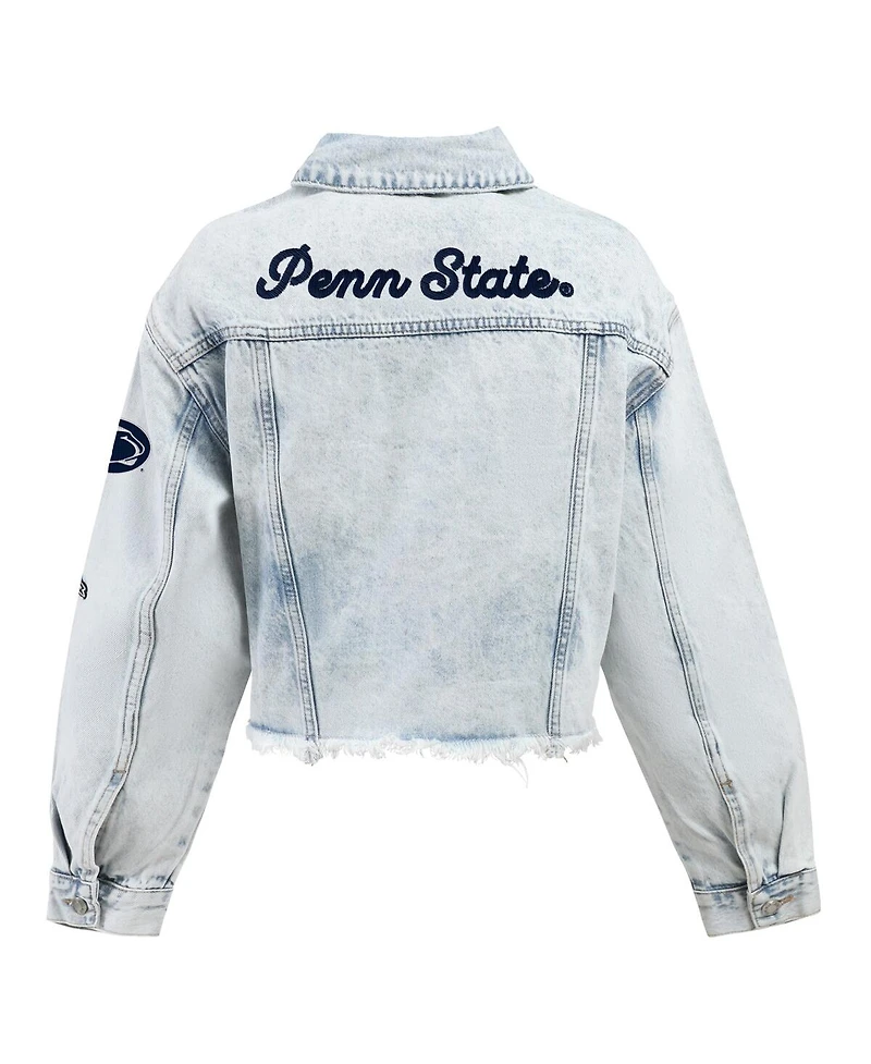 Hype and Vice Women's Denim Penn State Nittany Lions Lightwash Cropped Button-Up Jean Jacket