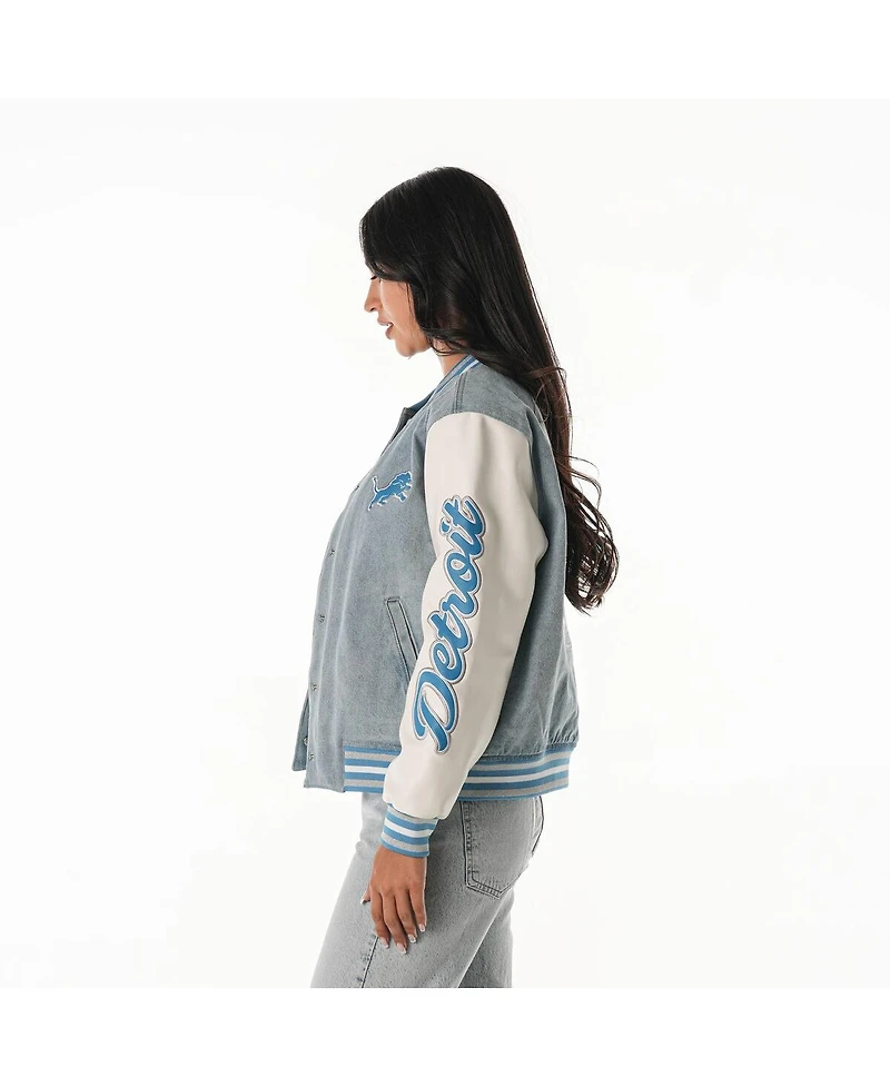The Wild Collective Women's Denim Detroit Lions Varsity Full-Snap Jacket