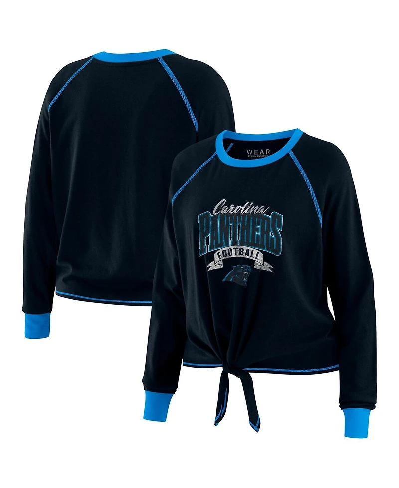 Wear by Erin Andrews Women's Black/Blue Carolina Panthers Tie-Front Long Sleeve Top