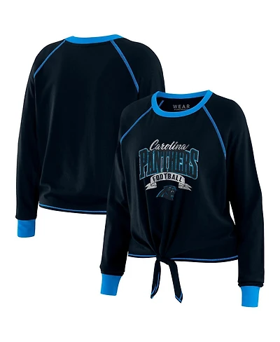 Wear by Erin Andrews Women's Black/Blue Carolina Panthers Tie-Front Long Sleeve Top