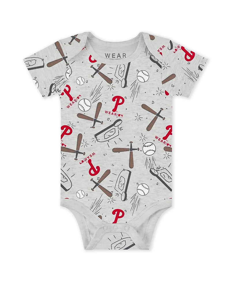 Wear by Erin Andrews Baby Boys and Girls 3-Piece Heather Gray/White/Red Philadelphia Phillies Turn Me Around Bodysuits Pants Set