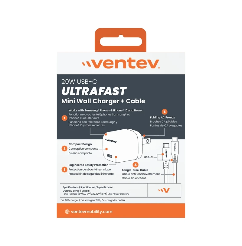Ventev 20W Ultrafast Usb C Universal Wall Charger and Usb C to Usb C Cable