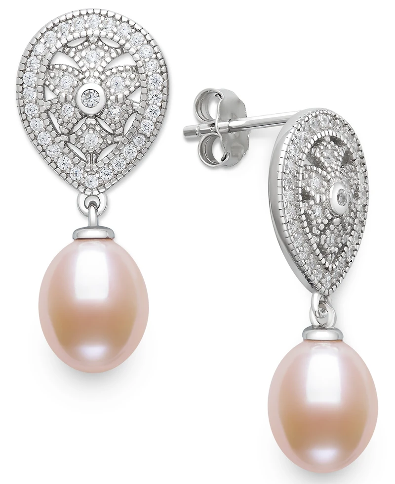 Belle de Mer Cultured Freshwater Blush Pink Pearl (8-9mm) and Lab Created Sapphire Drop Earrings in Sterling Silver