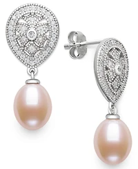Belle de Mer Cultured Freshwater Blush Pink Pearl (8-9mm) and Lab Created Sapphire Drop Earrings in Sterling Silver