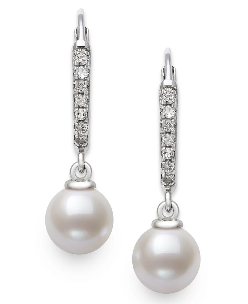 Belle de Mer Cultured Freshwater Pearl (6-7mm) and Lab Created Sapphire Drop Earrings in Sterling Silver