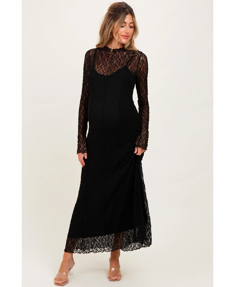 Pinkblush Maternity White Lace Mock Neck Long Sleeve Maxi Dress