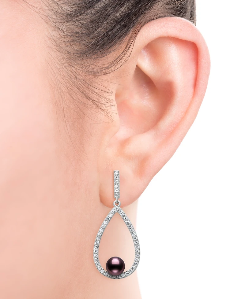 Belle de Mer Cultured Freshwater Peacock Black Pearl (6-7mm) and Lab Created Sapphire Drop Earrings in Sterling Silver