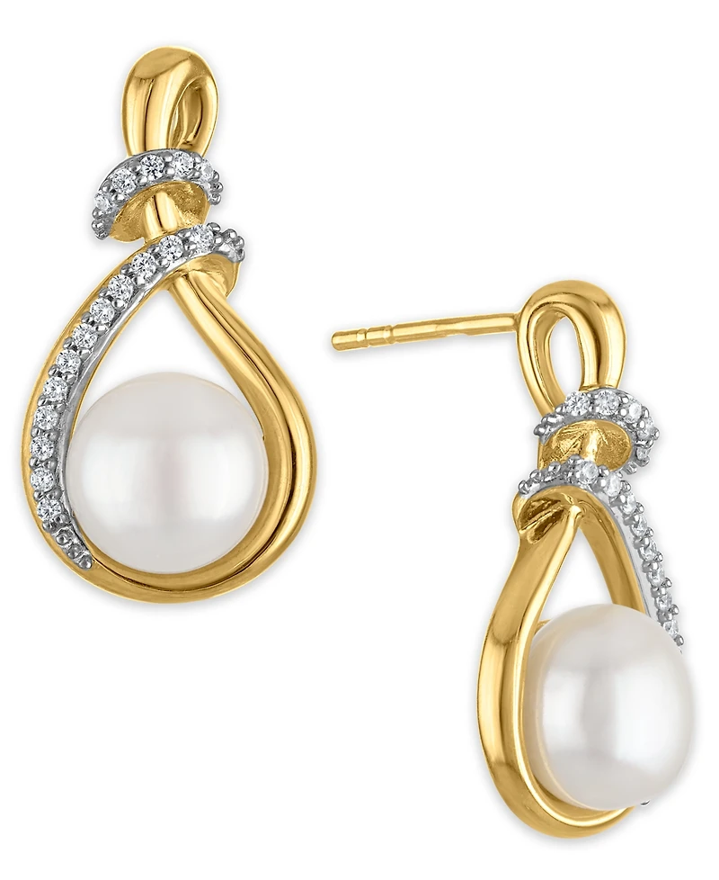 Macy's Cultured Freshwater Pearl (8mm) and Cubic Zirconia Drop Earrings in 14k Gold Over Sterling Silver