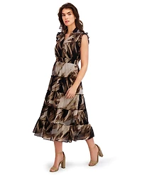 London Times Petite Short Sleeve Tiered Midi Dress