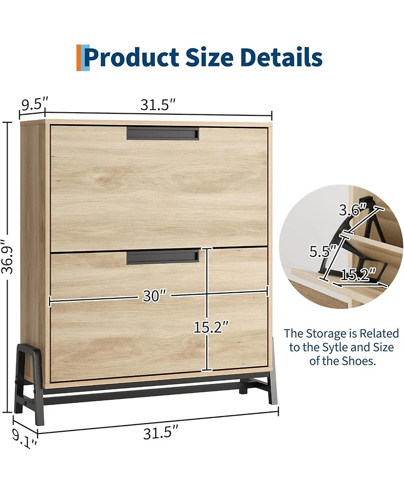 Shoe Storage Cabinet with 2 Flip Drawers, Freestanding Shoe Organizer with Metal Legs, Adjustable Shelf Narrow Shoe Rack Cabinet for Entryway, Foyer,