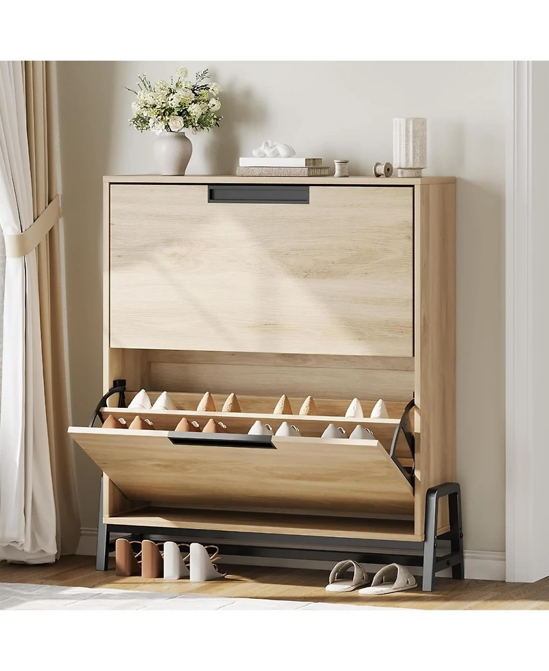 Shoe Storage Cabinet with 2 Flip Drawers, Freestanding Shoe Organizer with Metal Legs, Adjustable Shelf Narrow Shoe Rack Cabinet for Entryway, Foyer,