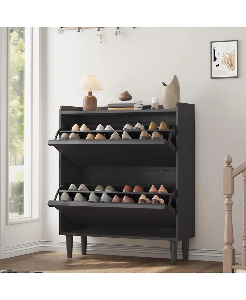 Shoe Cabinet with 2 Flip Drawers, Wooden Shoe Organizer with Adjustable Shelf, Shoe Storage for Entryway, Hidden Shoe Cabinet for Hallway, Living Room