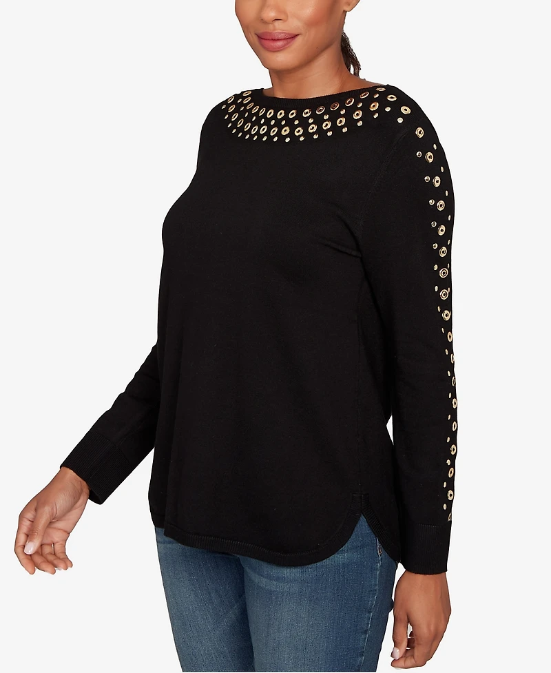 Ruby Rd. Petite Grommet Embellished Fine Gauge Sweater