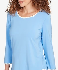 Ruby Rd. Petite Contrast Embroidered Solid Knit Top