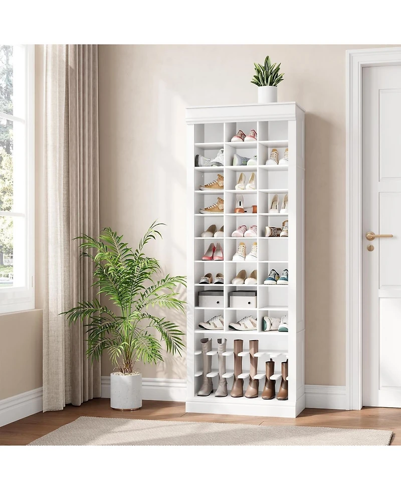 Shoe Cabinet, 10-Tier Entryway Storage Cabinet with 27 Cubbies and Tall Boots Storage, Freestanding Tall Shoe Organizer Racks for Entryway, White