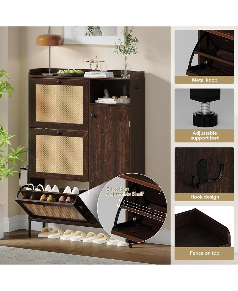3 Tier Shoe Cabinet with Natural Rattan Flip Drawers for Entryway, Free Standing Shoe Storage Organizer with Adjustable Shelves,Dark Cherry