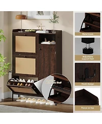 3 Tier Shoe Cabinet with Natural Rattan Flip Drawers for Entryway, Free Standing Shoe Storage Organizer with Adjustable Shelves,Dark Cherry