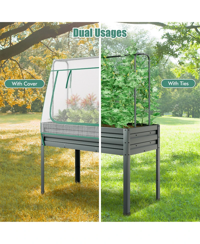 Gymax Raised Garden Bed w/ Cover & Legs Roll-up Window Climbing Trellis Drainage Holes