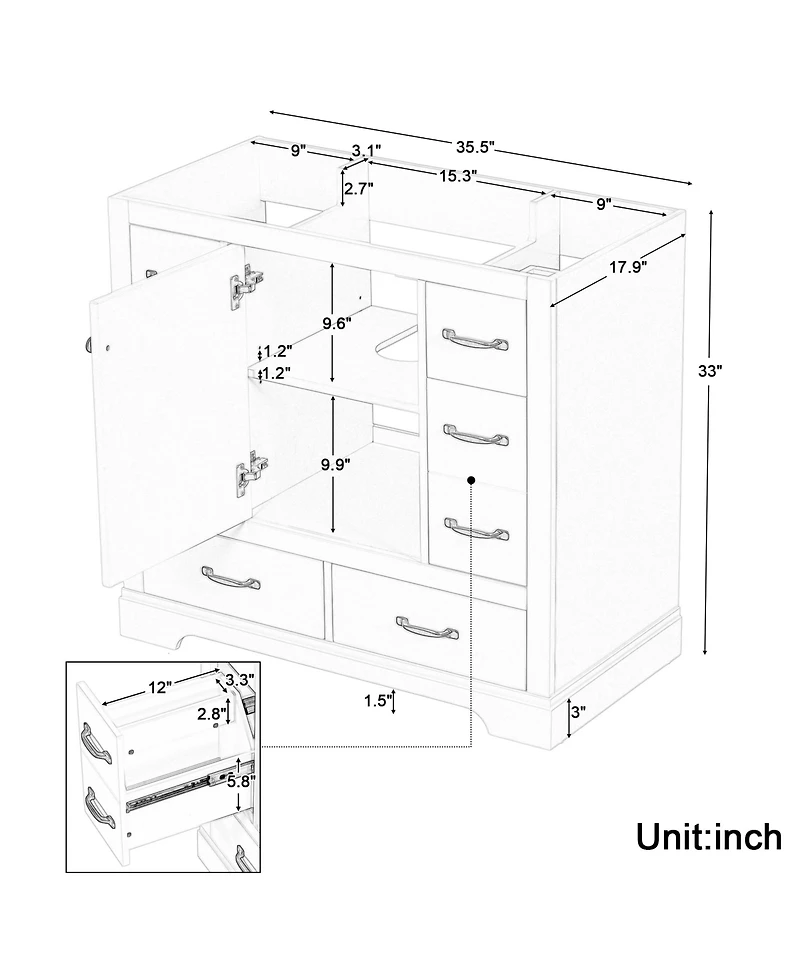 Bathroom Vanity Cabinet Base Only Six Drawers Adjustable Shelf Grey