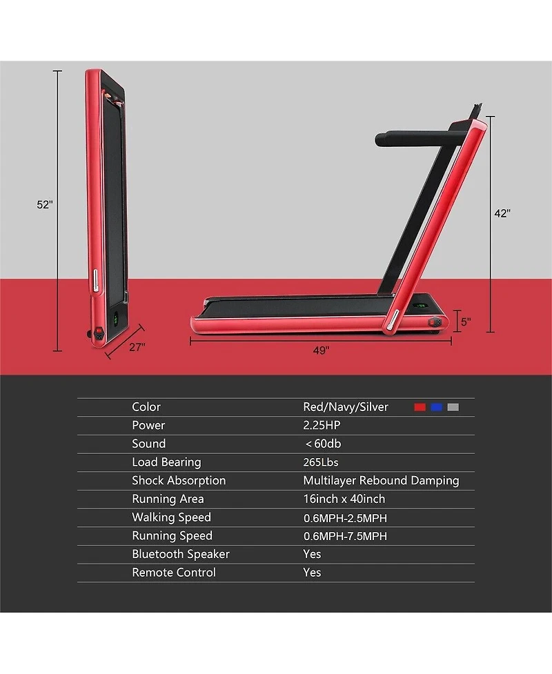 Hongge 2.25HP 2 in 1 Folding Treadmill with App Speaker Remote Control-Red