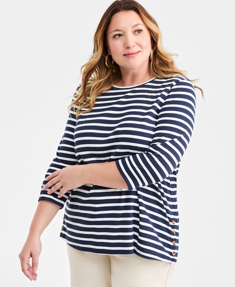 Style & Co Plus Striped Side-Button Knit Tunic Top, Macy's Exclusive