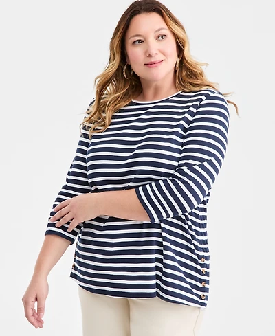 Style & Co Plus Striped Side-Button Knit Tunic Top, Macy's Exclusive