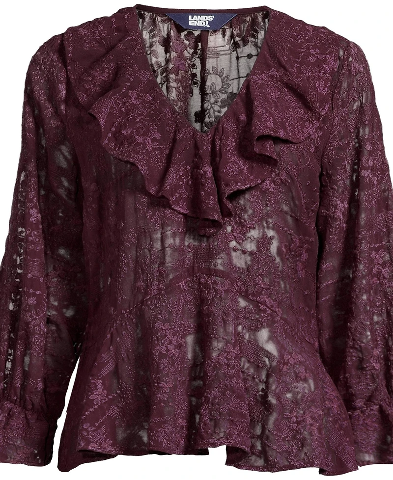 Lands' End Women's Feminine Ruffle Chiffon V Neck Blouse