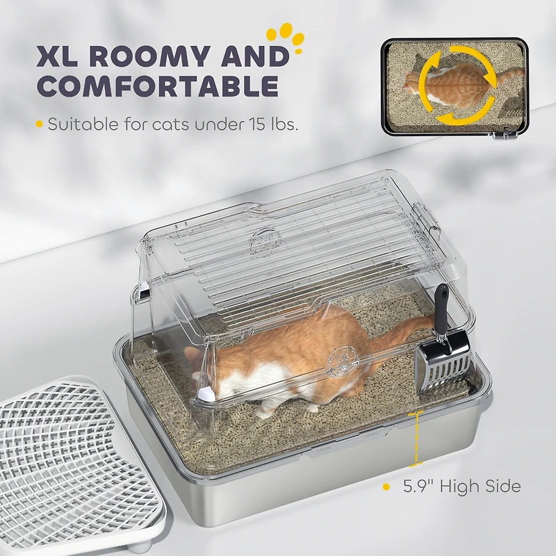 PawHut Xl Stainless Steel Cat Litter Box for Big Cats with Flip Cover