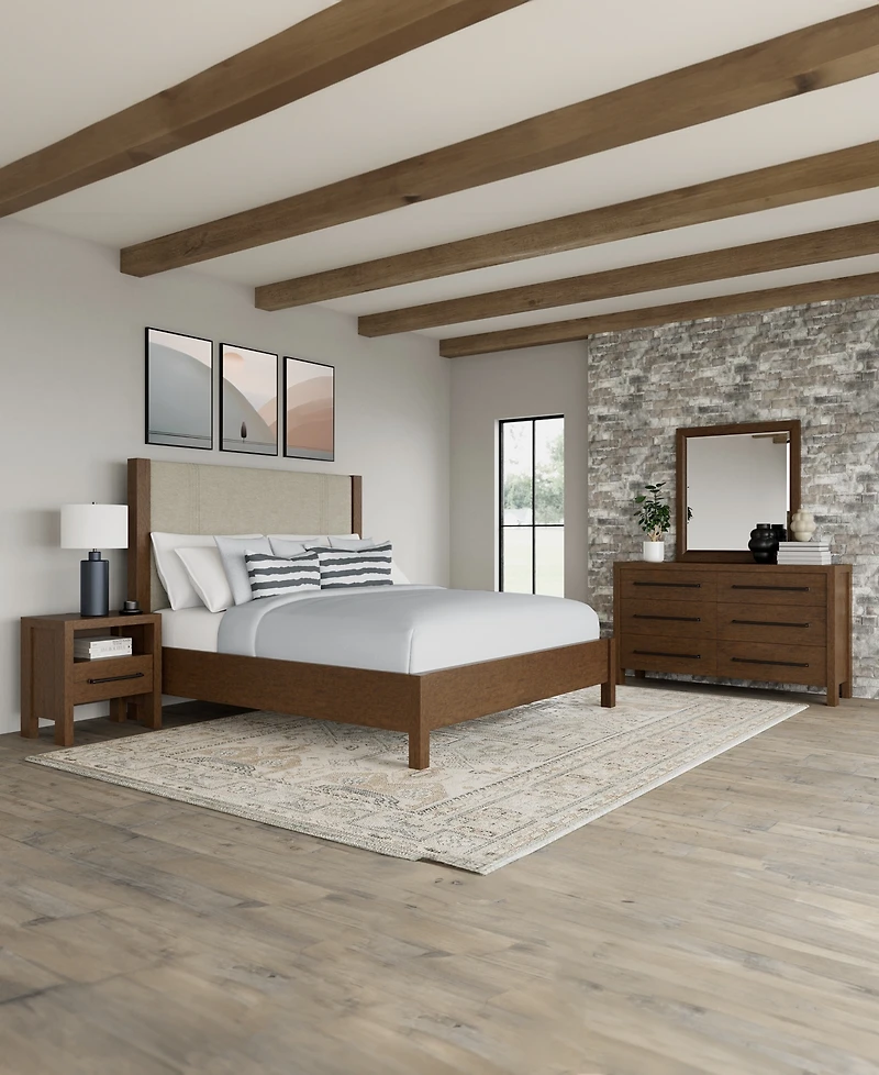 Davie Cracked Oak Queen 3-Pc. Bedroom Set (Upholstered Bed, Dresser & 1-Drawer Nightstand)