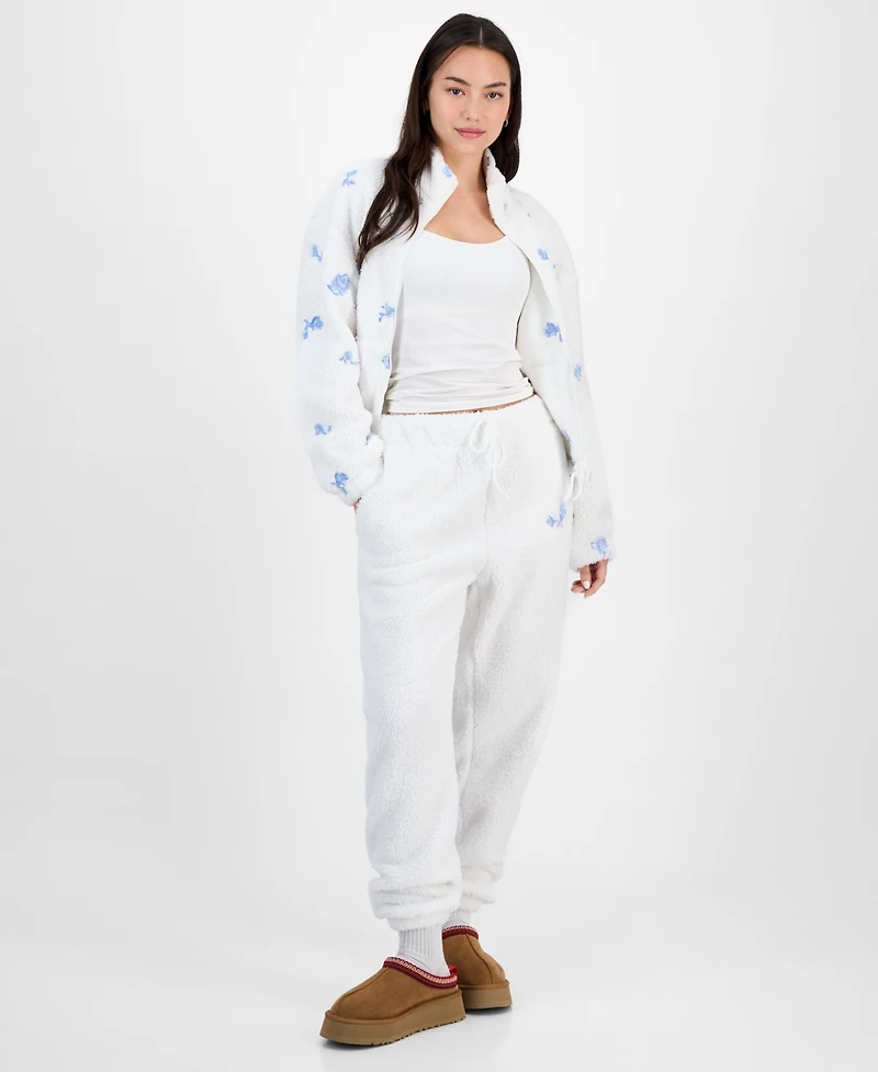 Madden Girl Juniors' Floral Embroidered Sherpa Fleece Jogger Pants
