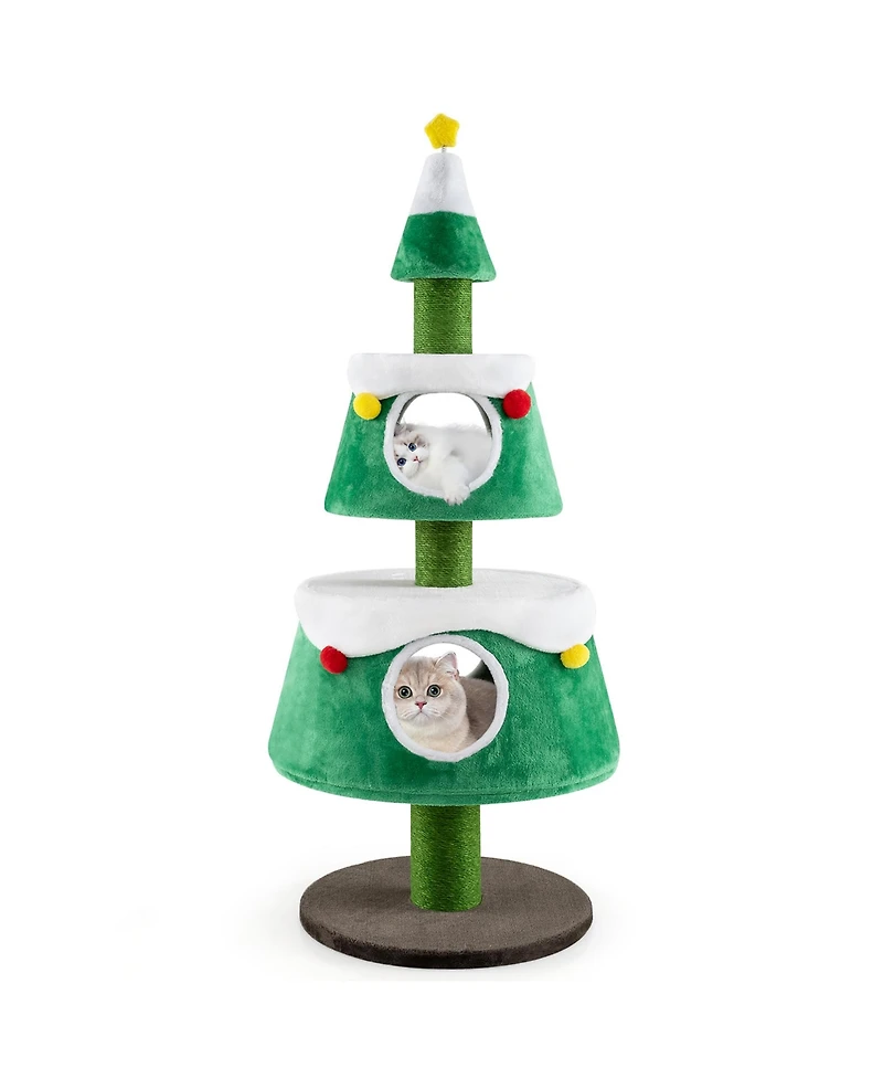 Gymax Christmas Cat Tree for Indoor Cats w/ 2 Condos Sisal Scratching Posts Spring Toy