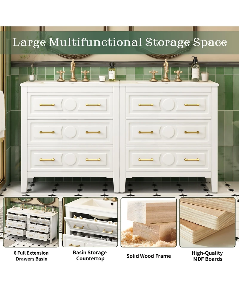 Lovmor 60inch Bathroom Vanity Set with Ceramic Sink Separate Free Standing Single Vanity Set with 3 Drawers Solid Wood Frame Bathroom Storage Cabinet