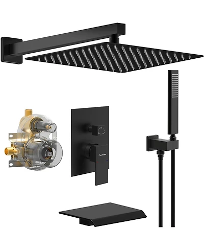 Rainsken Male Npt Waterfall Tub and Shower Faucet Set, 10-Inch Matte Black Rain Shower System, Black