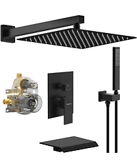 Rainsken Male Npt Waterfall Tub and Shower Faucet Set, 10-Inch Matte Black Rain Shower System, Black