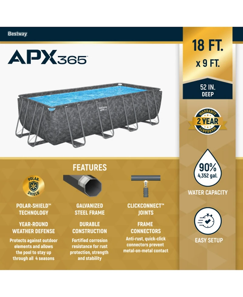 Bestway Apx 365 18' x 9' x 52" Rectangular Above Ground Swimming Pool Set, Gray