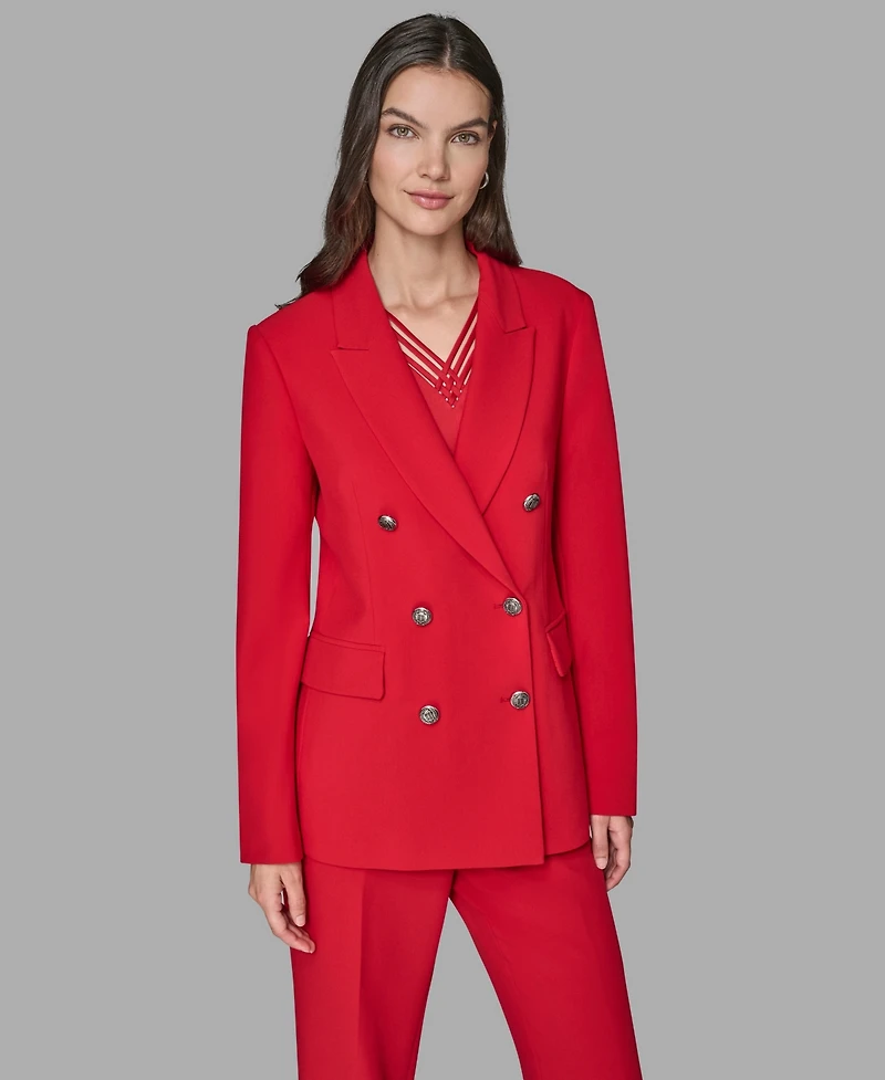 Karl Lagerfeld Paris Women's V-Neck Double-Breasted Satin Trim Jacket