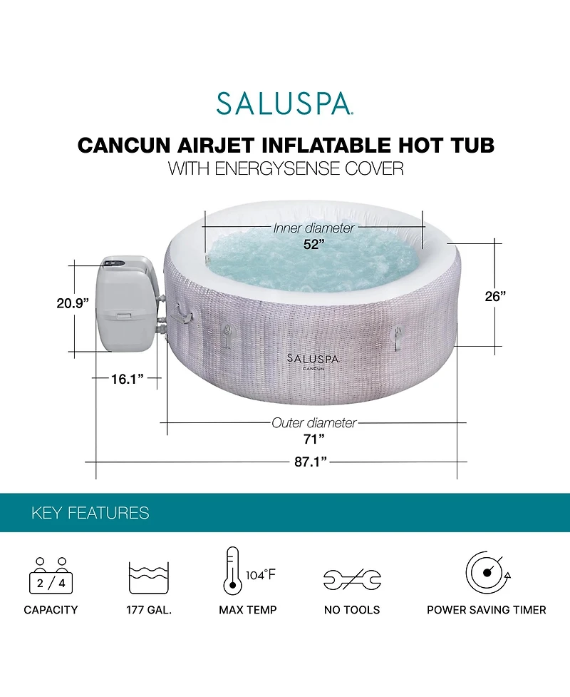 Bestway SaluSpa Cancun 2 to 4 Person Inflatable Hot Tub, Energy-Efficient Spa