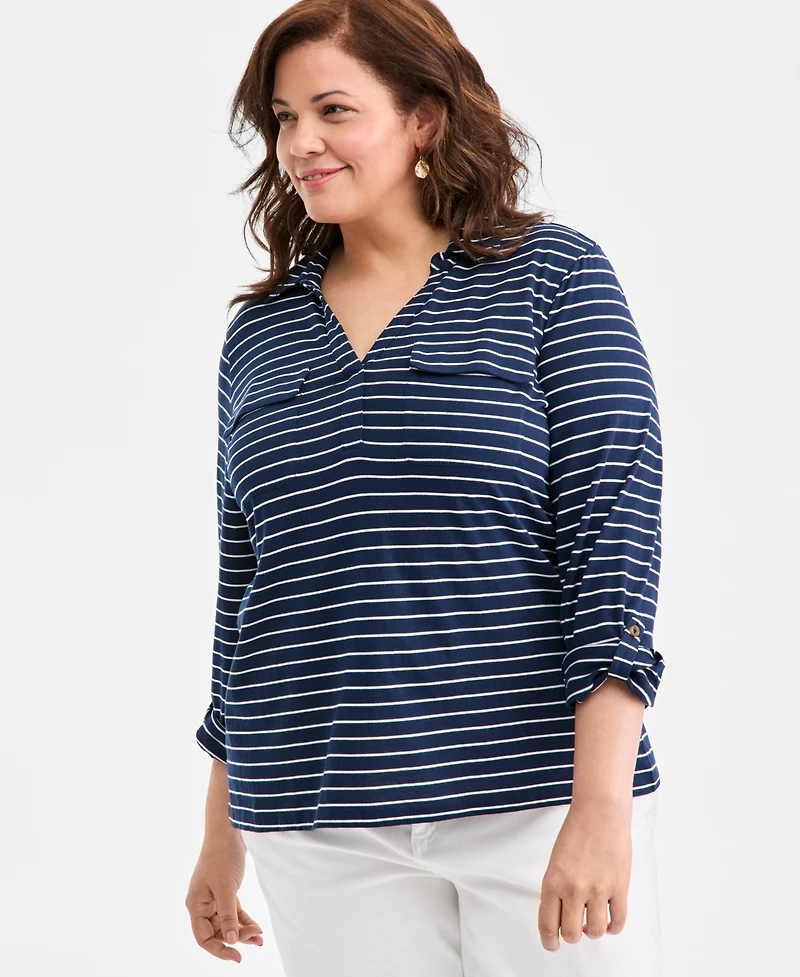 Style & Co Plus Collared V-Neck Knit Top, Macy's Exclusive