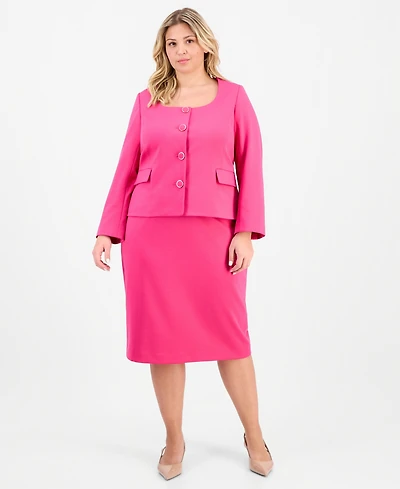 Le Suit Plus Square-Neck Button-Front Ponte 2 Piece Skirt