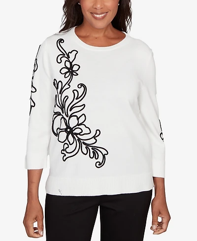 Alfred Dunner Petite Barcelona Floral Soutache Lightweight Sweater