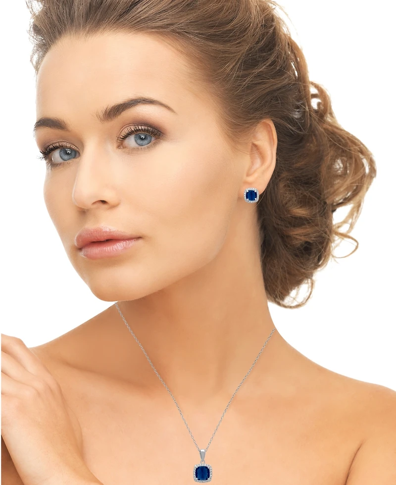 Macy's 2-Piece Set Lab Grown White Opal (2 ct. t.w.) and Sapphire (5 Cushion Halo Pendant Necklace with Matching Earrings Sterling Silver