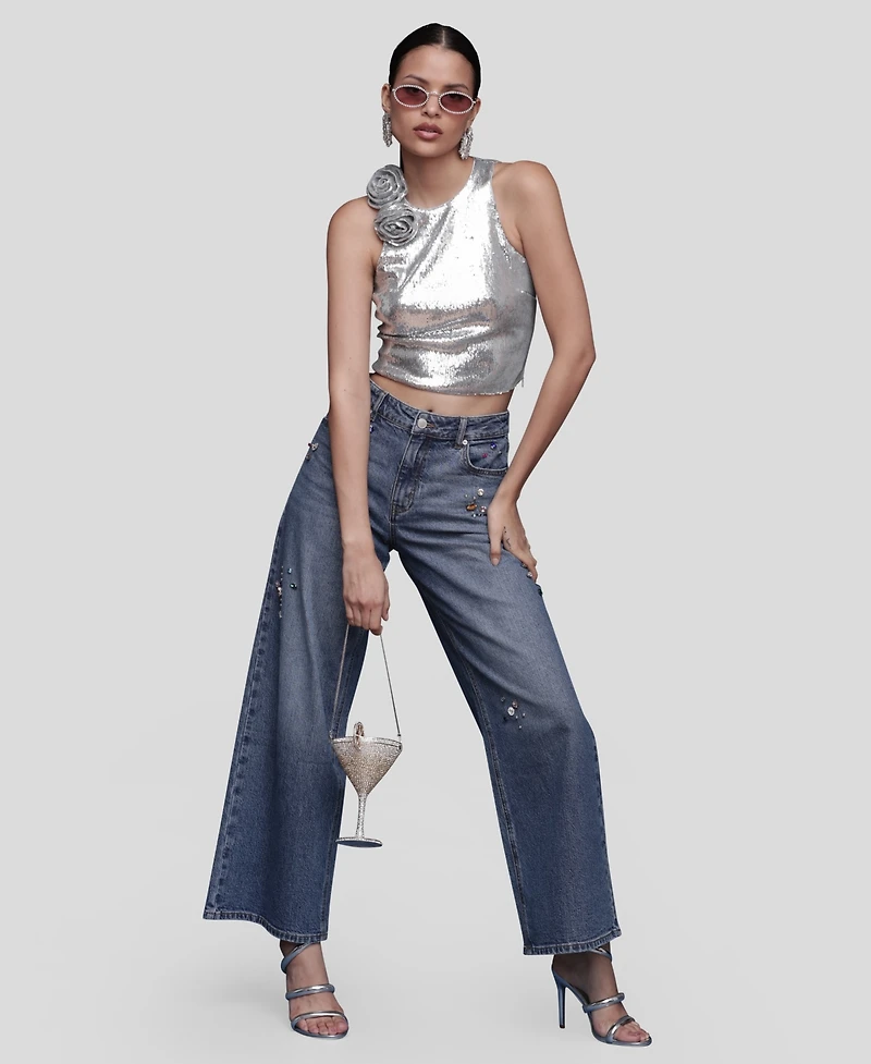 Avec Les Filles Women's Bejeweled Wide Leg Jeans