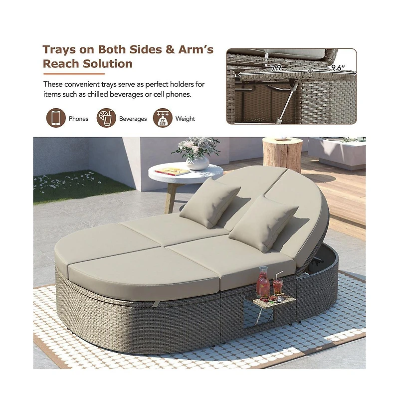 Chic Crate - Beige 2 1 Padded Chaise Lounges for Deck Balcony Modern Outdoor Daybed with Wood Topped Side Spaces