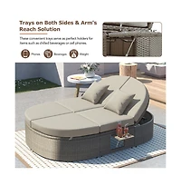 Chic Crate - Beige 2 1 Padded Chaise Lounges for Deck Balcony Modern Outdoor Daybed with Wood Topped Side Spaces