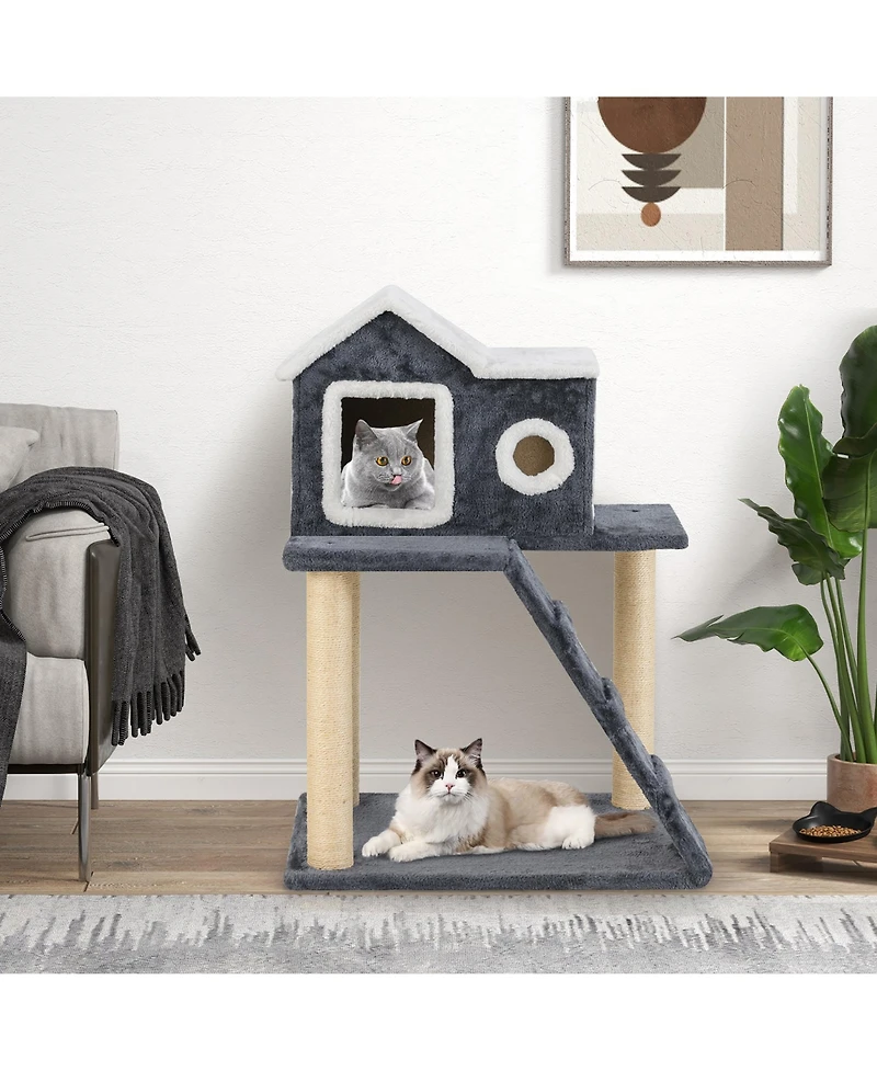 Gymax 35'' Modern Cat Tree 3-level Cat Condo Furniture w/ Openable Roof Sisal Scratching Posts