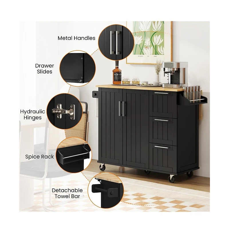 Kitchen Cart with Wood Top and Drop Leaf Breakfast Bar White
