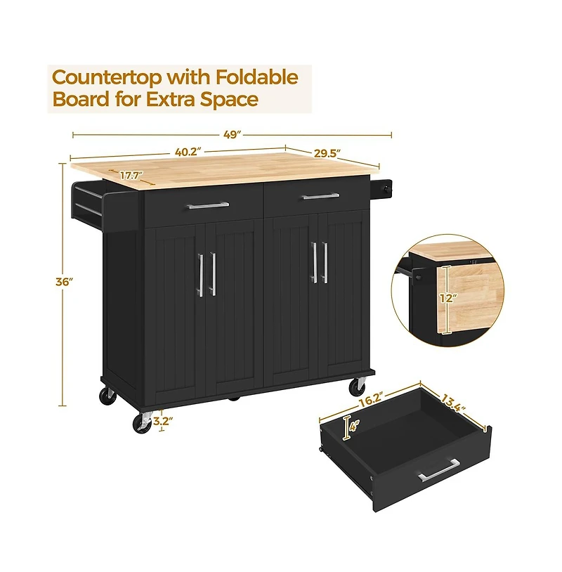 36” H Kitchen Island on Wheels with Solid Wood Tabletop White