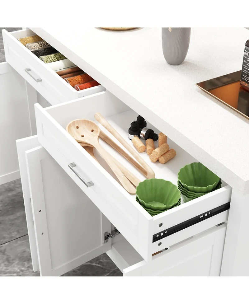 Kitchen island with 2 drawers, 4 doors, kitchen island storage table with sockets, coffee station and microwave rack for home, dining room